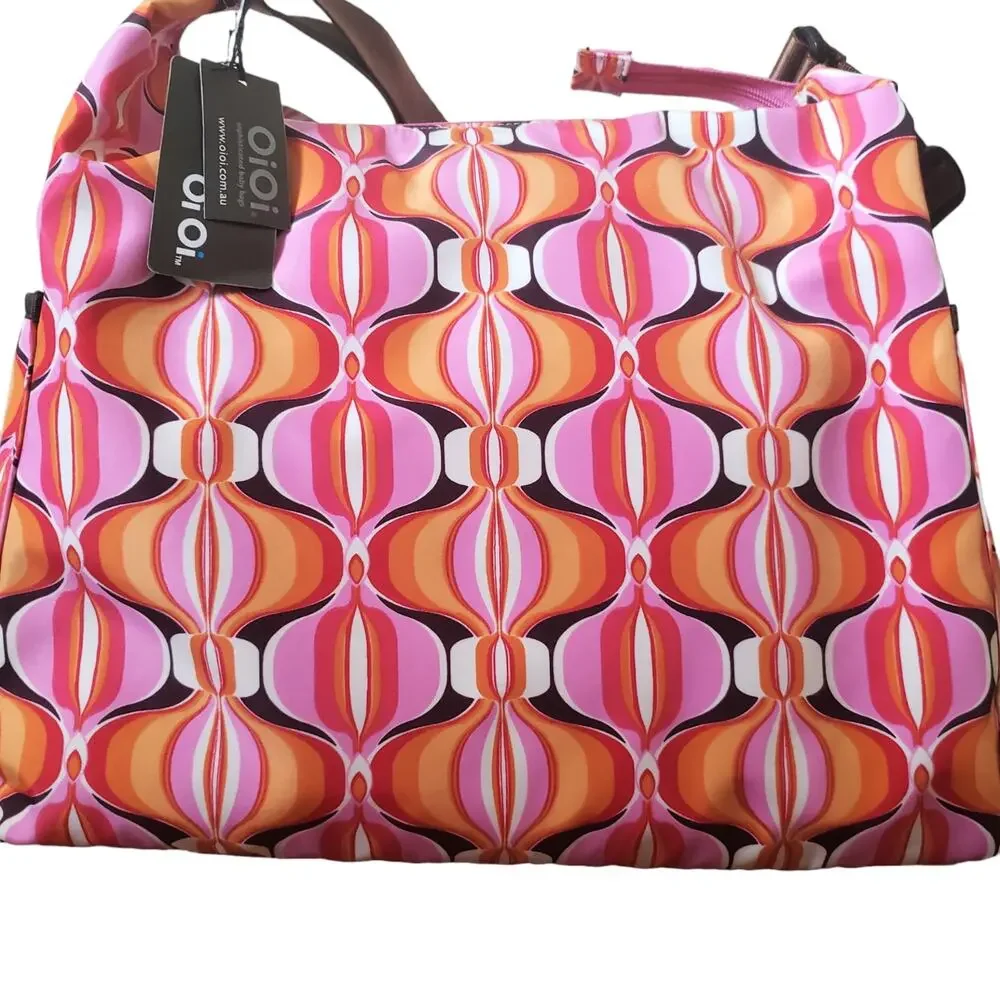 OiOi Diaper Bag Medium Pink Multi Geometric Retro Desert Sherpa Hobo Pad NWT